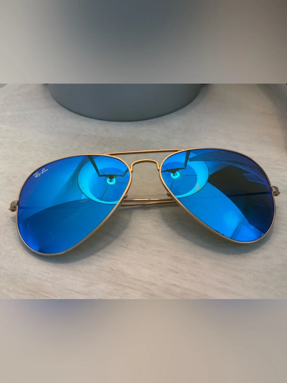 Ray-Ban Gold Aviator Sunglasses with Blue Mirrored Lenses